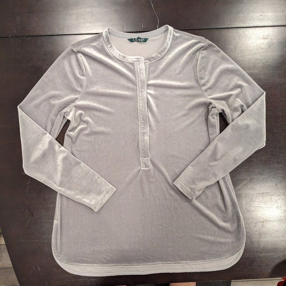 Lauren Ralph Lauren Silver Grey Velvet Henley Top Long Sleeve Petite Large PL